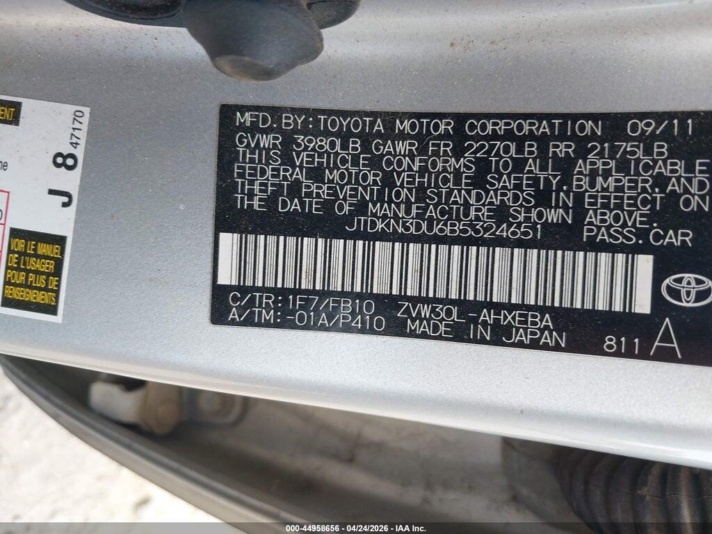 JTDKN3DU6B5324651 2011 TOYOTA PRIUS photo no. 9