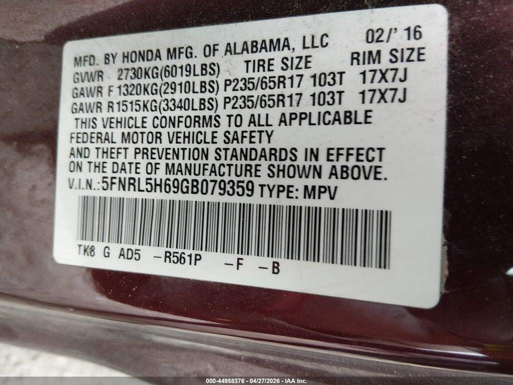 5FNRL5H69GB079359 2016 HONDA ODYSSEY photo no. 9