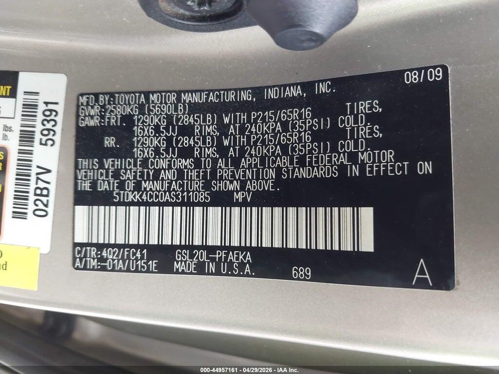 5TDKK4CC0AS311085 2010 TOYOTA SIENNA photo no. 9