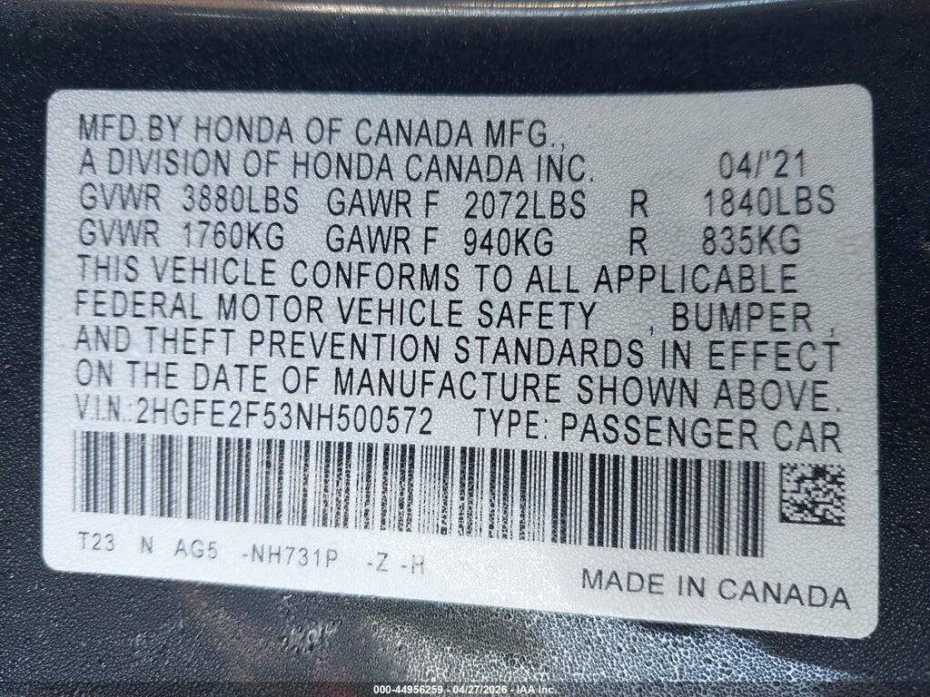 2HGFE2F53NH500572 2022 HONDA CIVIC photo no. 9