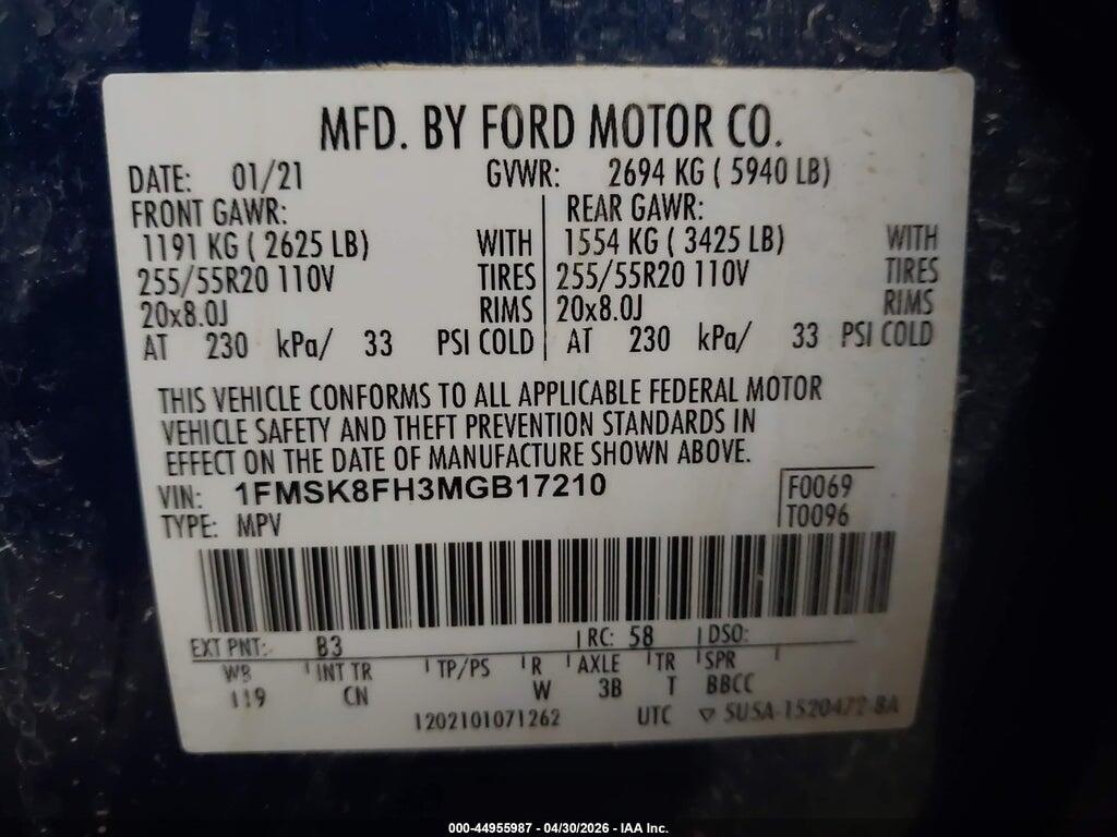 1FMSK8FH3MGB17210 2021 FORD EXPLORER photo no. 9