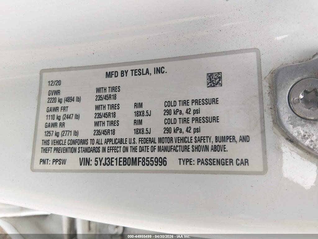 5YJ3E1EB0MF855996 2021 TESLA MODEL 3 photo no. 9