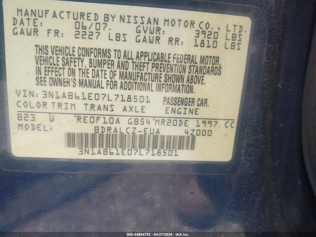 3N1AB61E07L718501 2007 NISSAN SENTRA photo no. 9