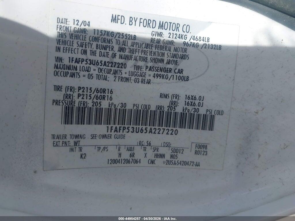 1FAFP53U65A227220 2005 FORD TAURUS photo no. 9