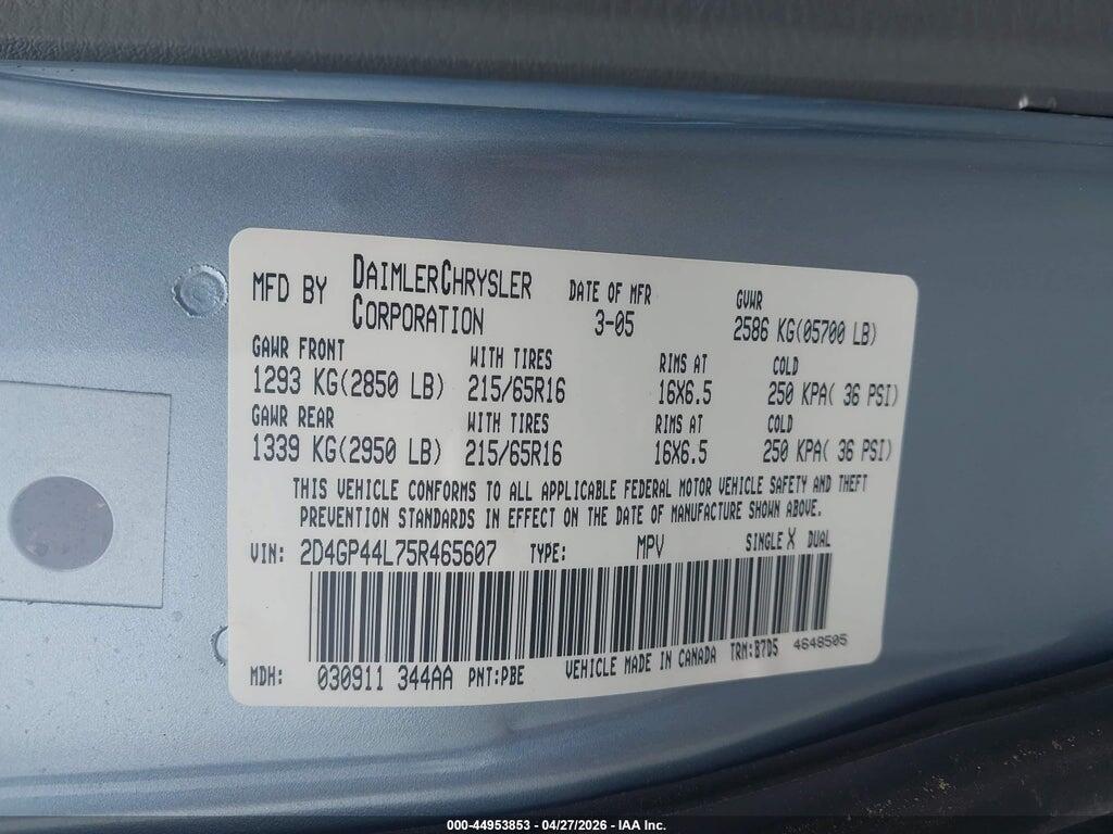 2D4GP44L75R465607 2005 DODGE GRAND CARAVAN photo no. 9
