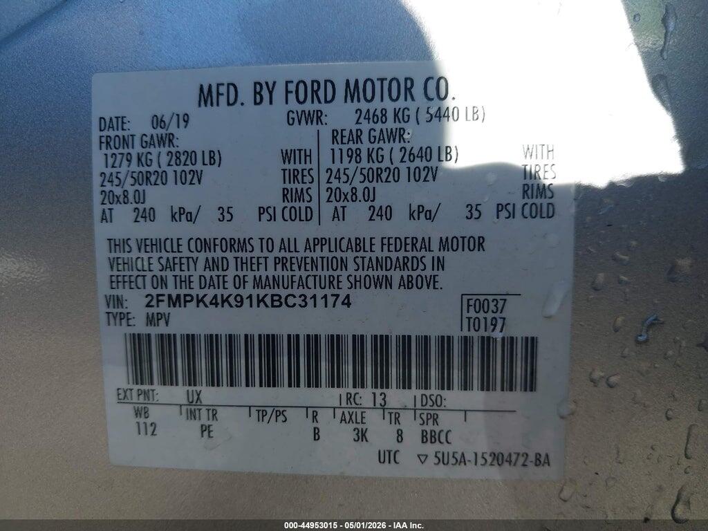 2FMPK4K91KBC31174 2019 FORD EDGE photo no. 9