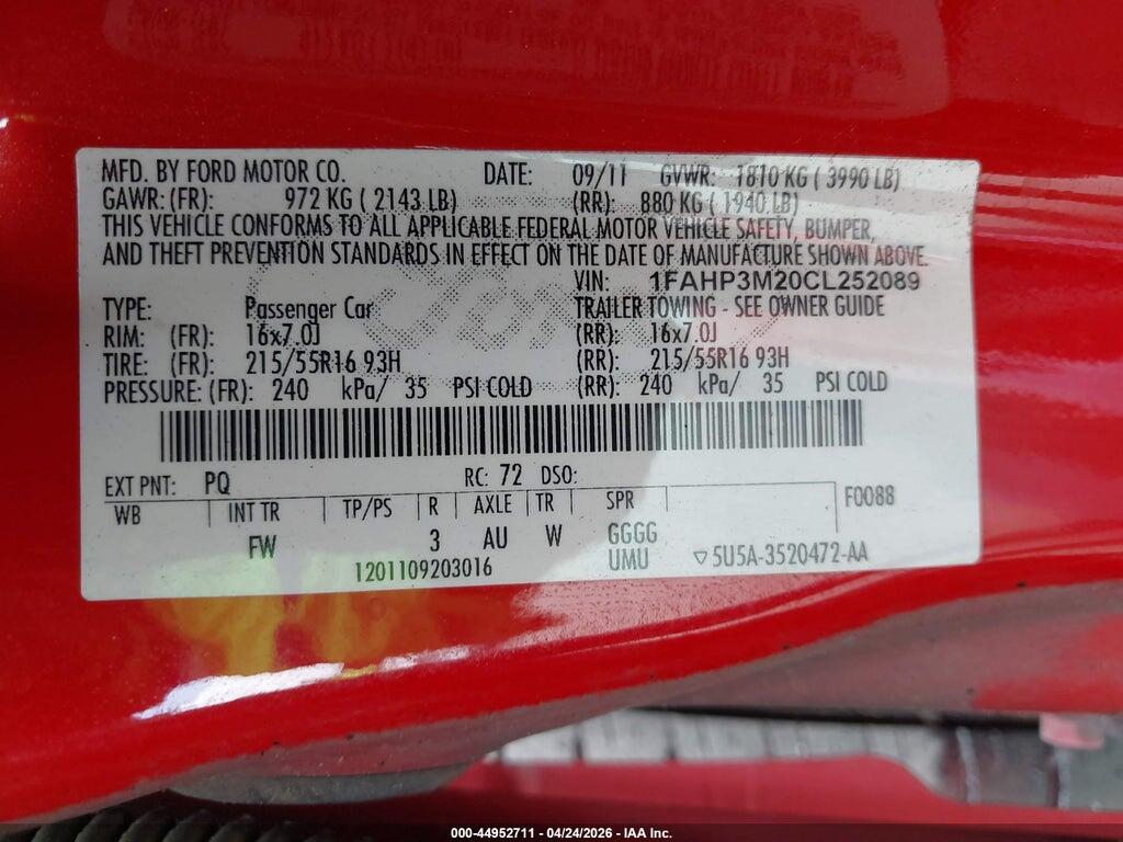1FAHP3M20CL252089 2012 FORD FOCUS photo no. 9