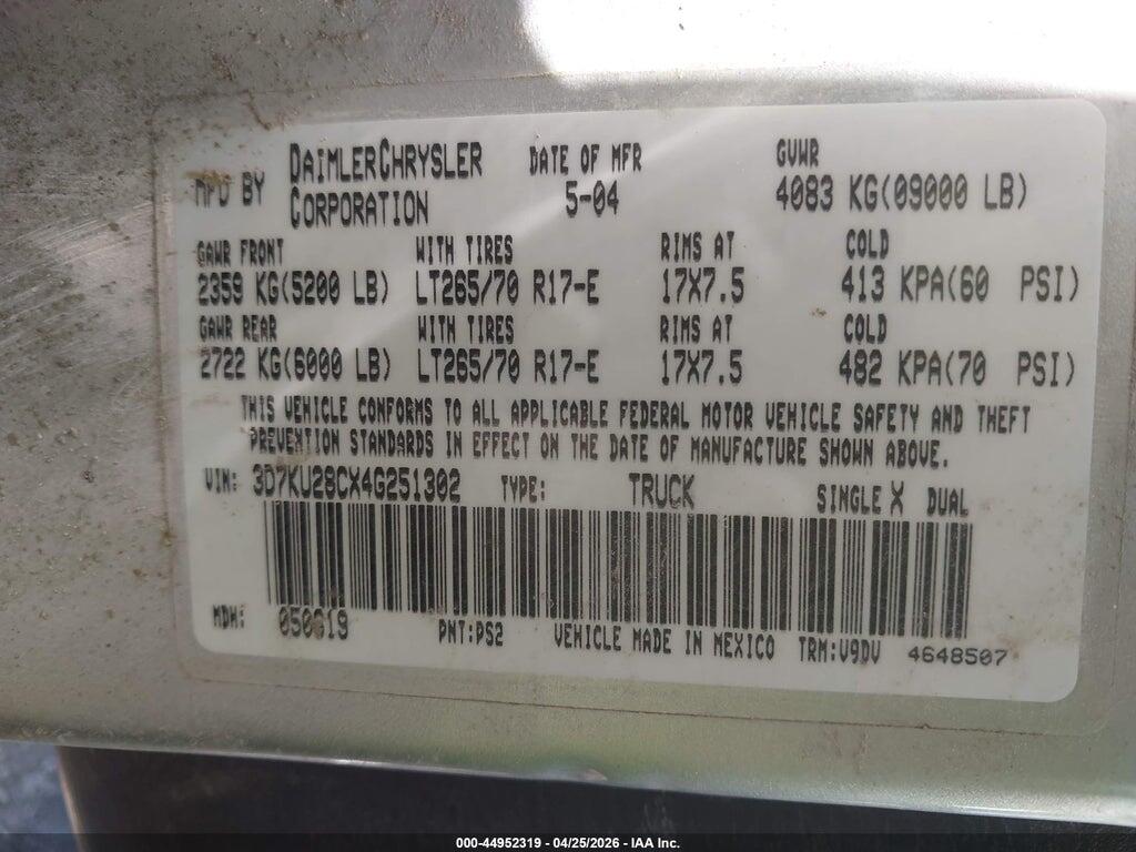 3D7KU28CX4G251302 2004 DODGE RAM 2500 photo no. 9
