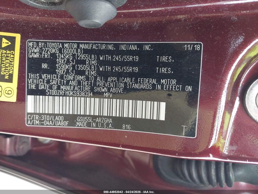 5TDDZRFH0KS938394 2019 TOYOTA HIGHLANDER photo no. 9
