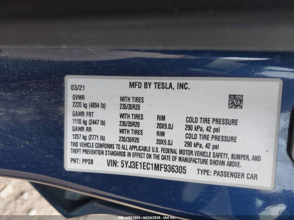 5YJ3E1EC1MF936305 2021 TESLA MODEL 3 photo no. 9
