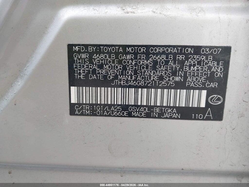 JTHBJ46G872112575 2007 LEXUS ES 350 photo no. 9
