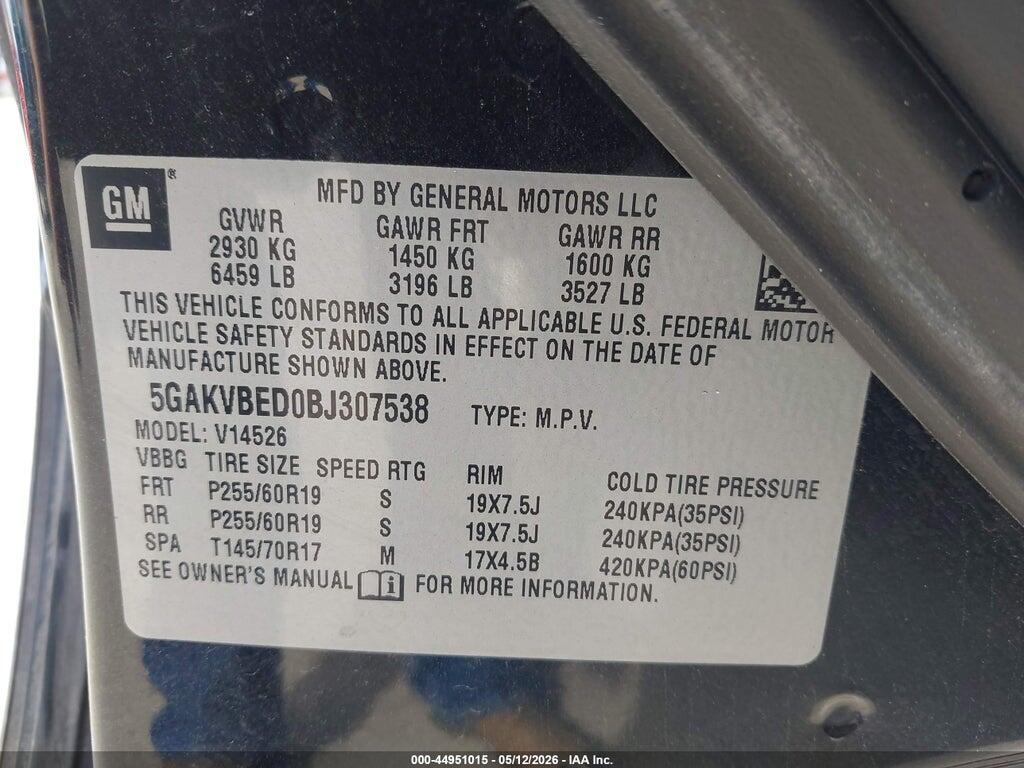 5GAKVBED0BJ307538 2011 BUICK ENCLAVE photo no. 9