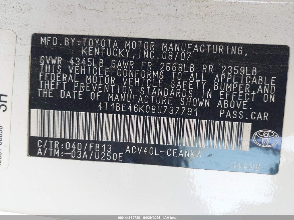 4T1BE46K08U737791 2008 TOYOTA CAMRY photo no. 9