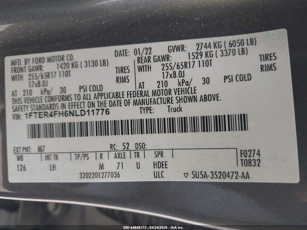 1FTER4FH6NLD11776 2022 FORD RANGER photo no. 9