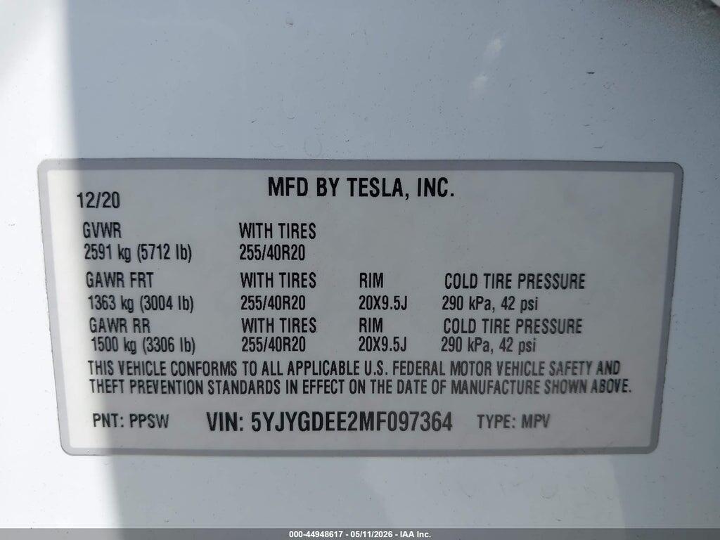5YJYGDEE2MF097364 2021 TESLA MODEL Y photo no. 9