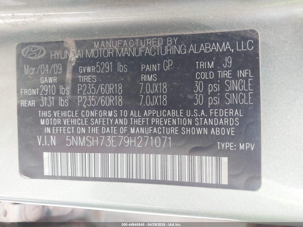 5NMSH73E79H271071 2009 HYUNDAI SANTA FE photo no. 9