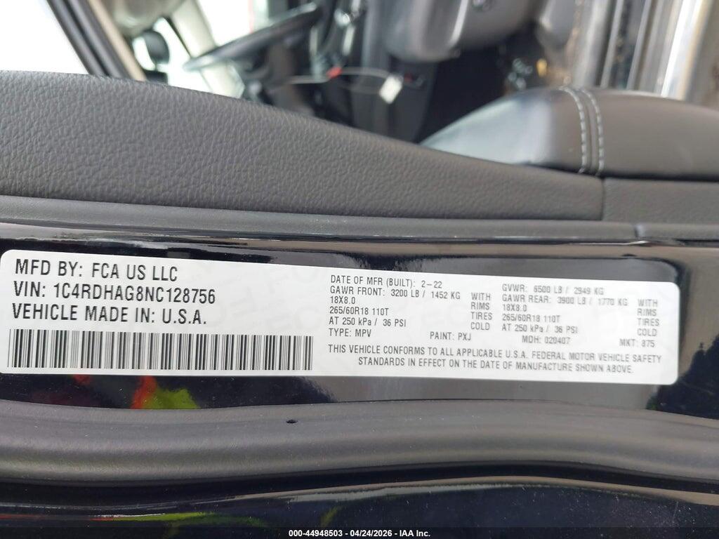 1C4RDHAG8NC128756 2022 DODGE DURANGO photo no. 9