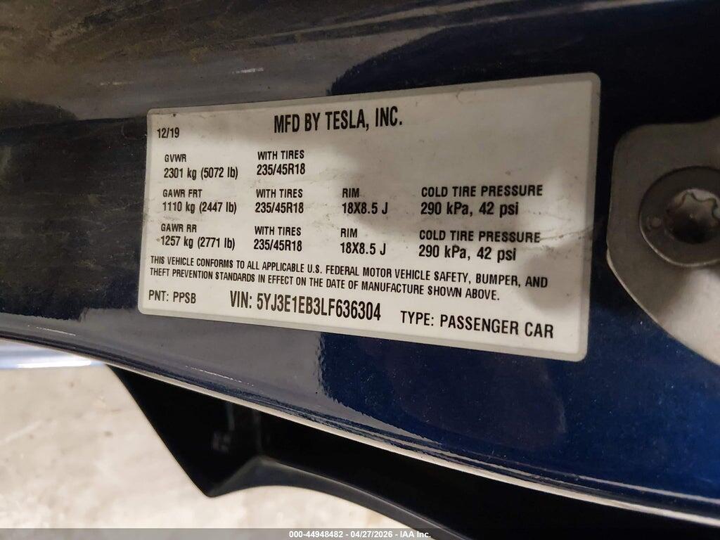 5YJ3E1EB3LF636304 2020 TESLA MODEL 3 photo no. 9