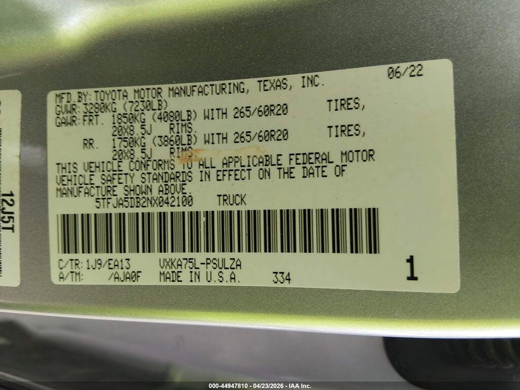 5TFJA5DB2NX042100 2022 TOYOTA TUNDRA photo no. 9