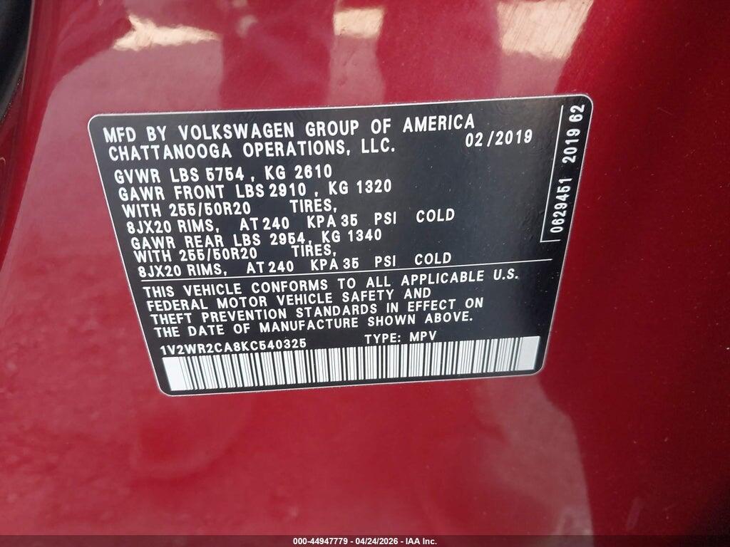 1V2WR2CA8KC540325 2019 VOLKSWAGEN ATLAS photo no. 9