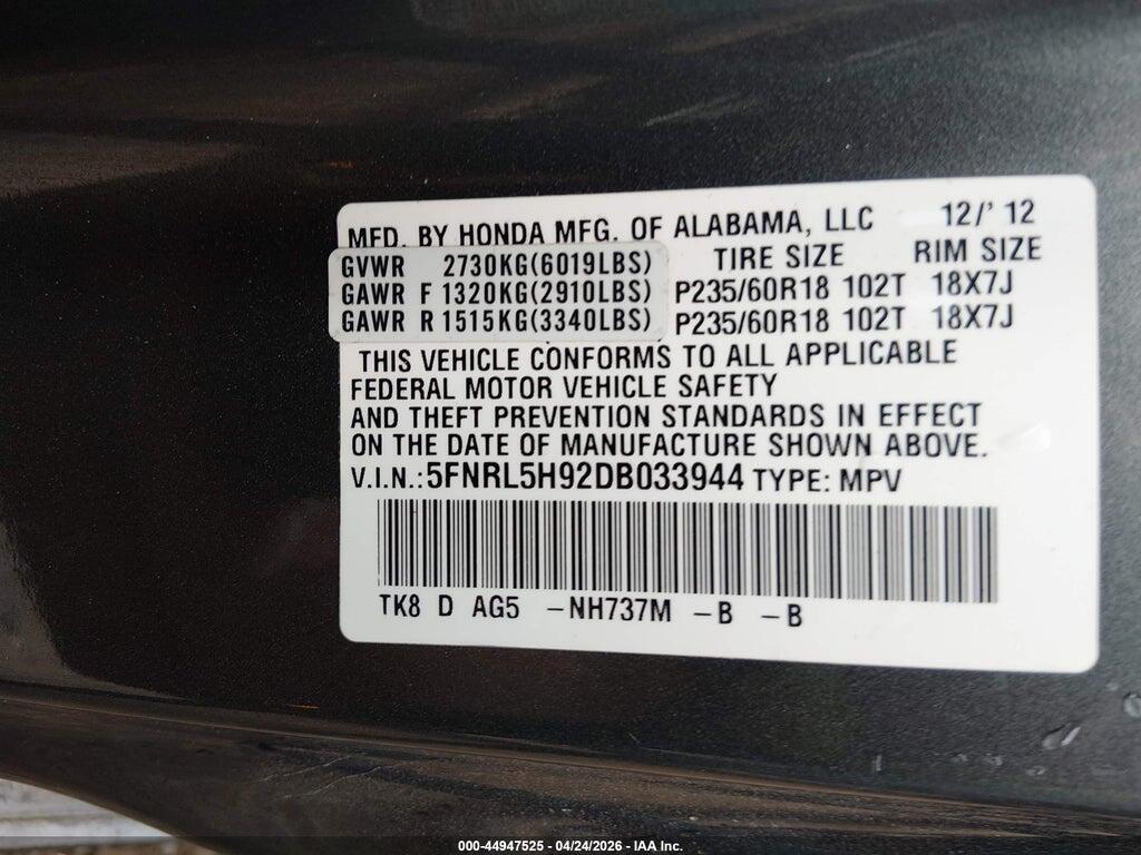 5FNRL5H92DB033944 2013 HONDA ODYSSEY photo no. 9