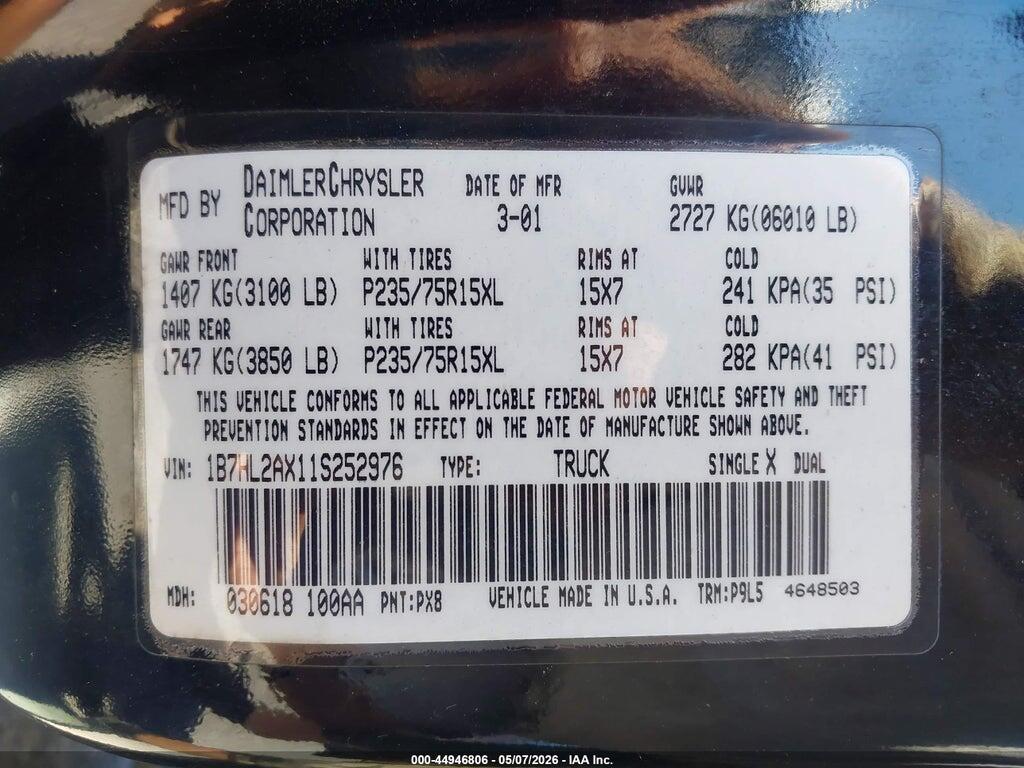 1B7HL2AX11S252976 2001 DODGE DAKOTA photo no. 9
