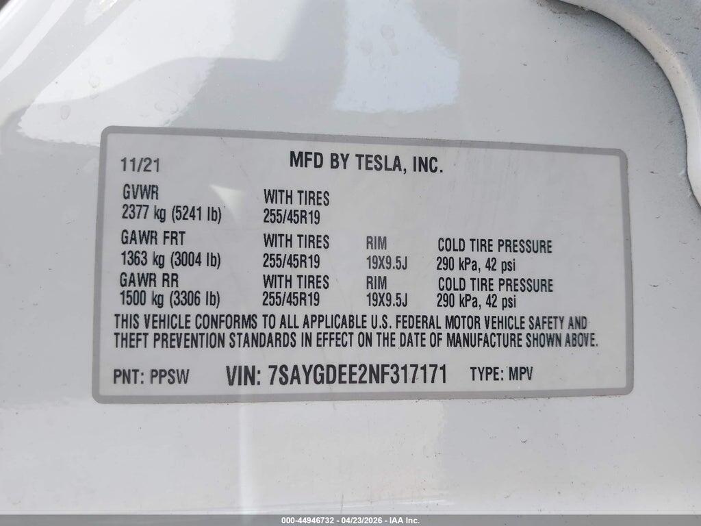 7SAYGDEE2NF317171 2022 TESLA MODEL Y photo no. 9