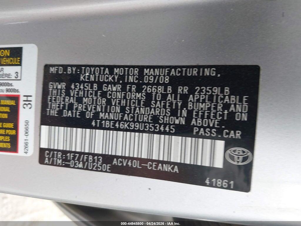 4T1BE46K99U353445 2009 TOYOTA CAMRY photo no. 9