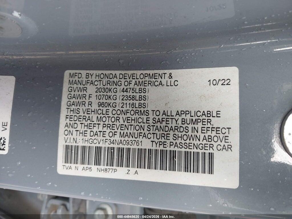 1HGCV1F34NA093761 2022 HONDA ACCORD photo no. 9