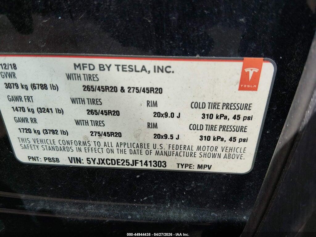 5YJXCDE25JF141303 2018 TESLA MODEL X photo no. 9