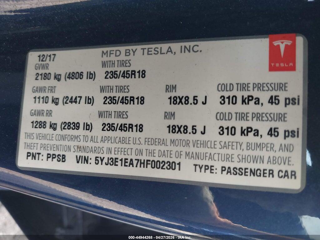 5YJ3E1EA7HF002301 2017 TESLA MODEL 3 photo no. 9
