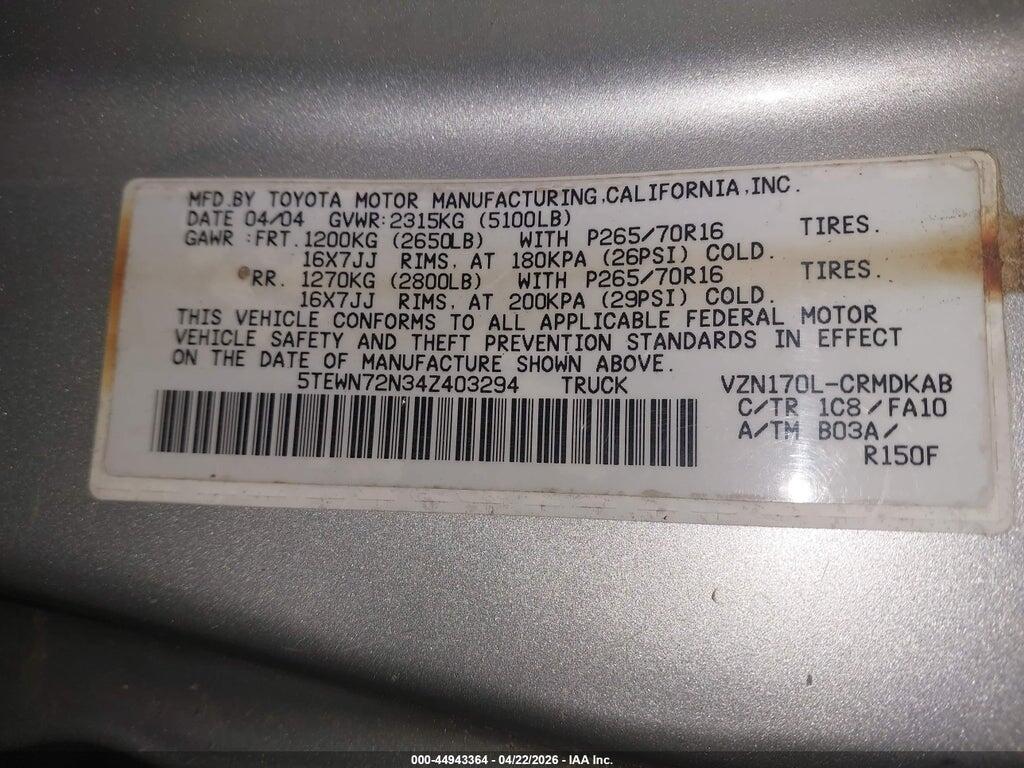 5TEWN72N34Z403294 2004 TOYOTA TACOMA photo no. 9