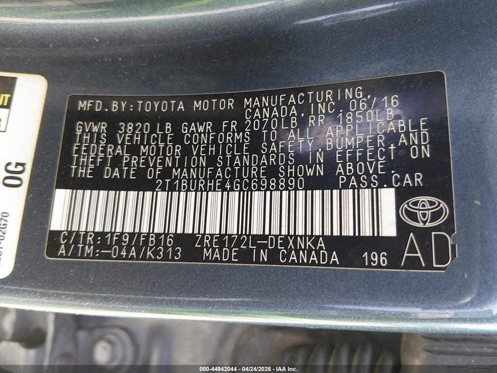 2T1BURHE4GC698890 2016 TOYOTA COROLLA photo no. 9