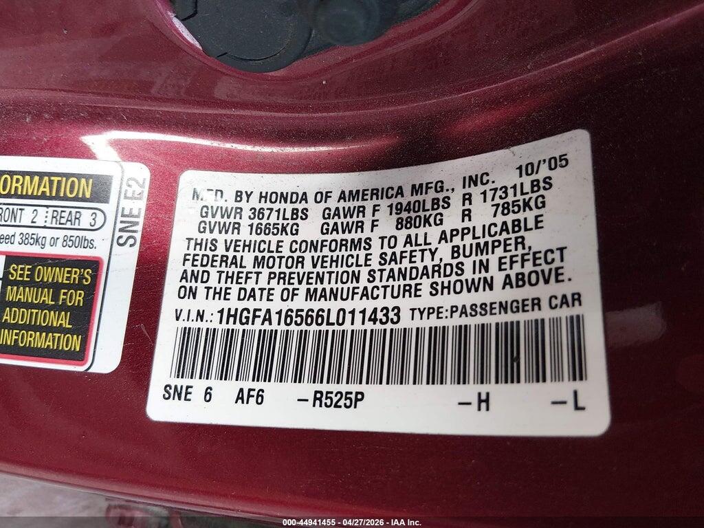 1HGFA16566L011433 2006 HONDA CIVIC photo no. 9