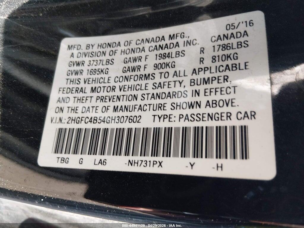 2HGFC4B54GH307602 2016 HONDA CIVIC photo no. 9