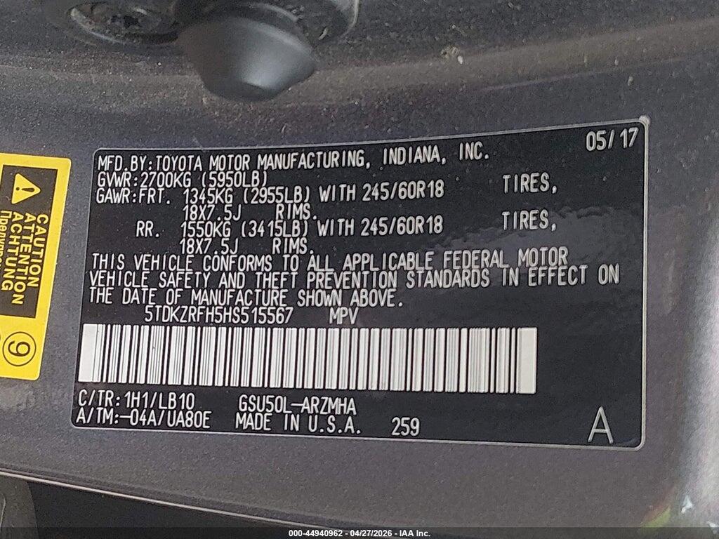 5TDKZRFH5HS515567 2017 TOYOTA HIGHLANDER photo no. 9
