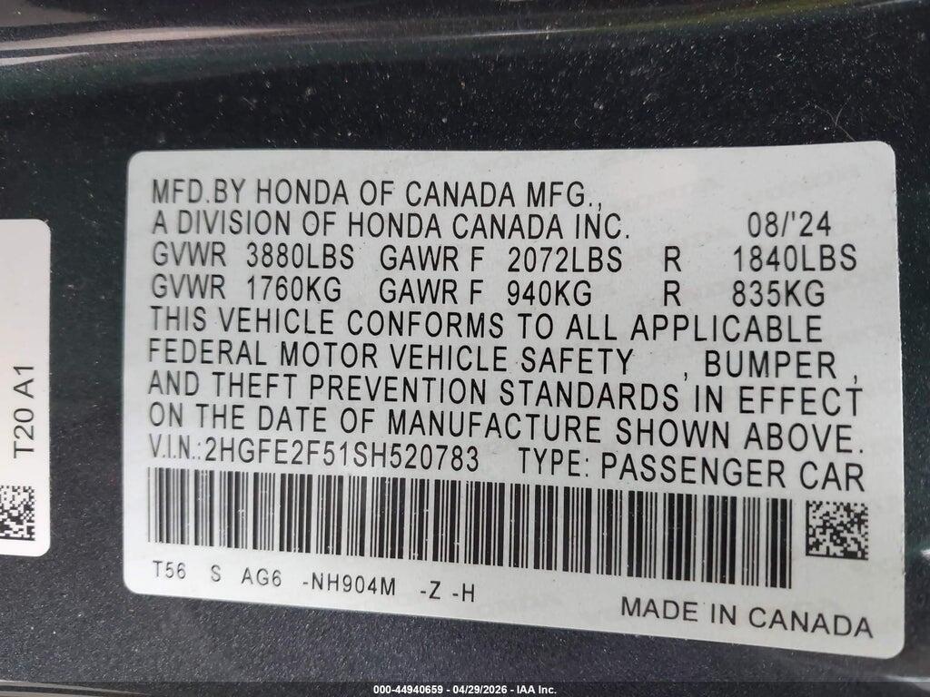 2HGFE2F51SH520783 2025 HONDA CIVIC photo no. 9