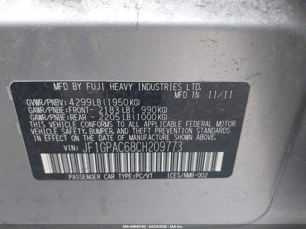 JF1GPAC68CH209773 2012 SUBARU IMPREZA photo no. 9