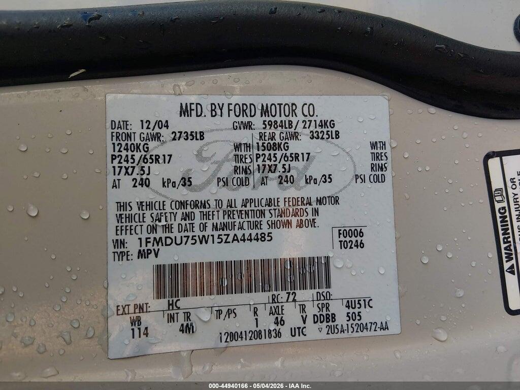 1FMDU75W15ZA44485 2005 FORD EXPLORER photo no. 9
