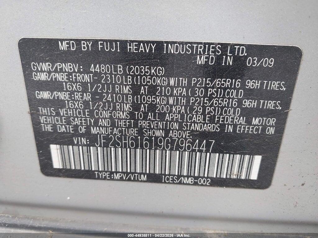 JF2SH61619G796447 2009 SUBARU FORESTER photo no. 9