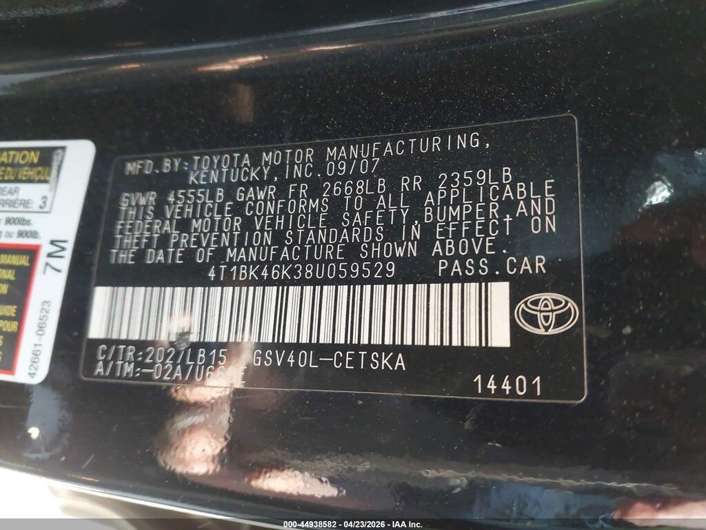 4T1BK46K38U059529 2008 TOYOTA CAMRY photo no. 9