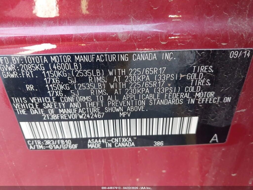 2T3BFREV0FW242467 2015 TOYOTA RAV4 photo no. 9