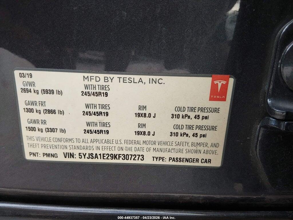 5YJSA1E29KF307273 2019 TESLA MODEL S photo no. 9