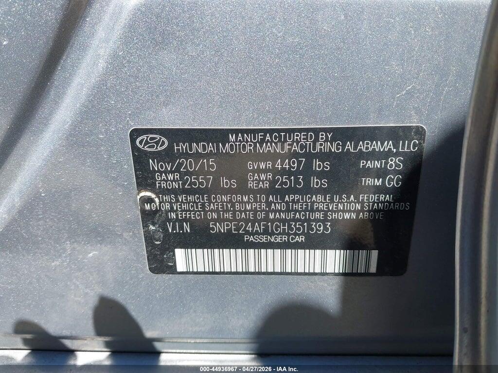 5NPE24AF1GH351393 2016 HYUNDAI SONATA photo no. 9