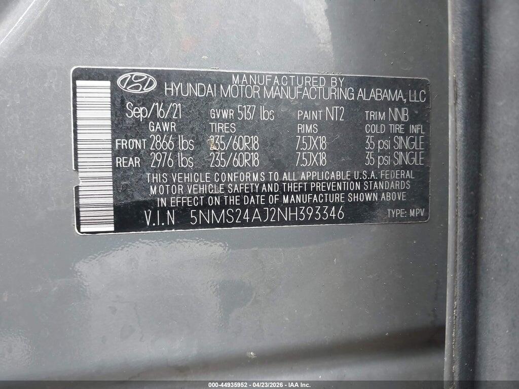 5NMS24AJ2NH393346 2022 HYUNDAI SANTA FE photo no. 9