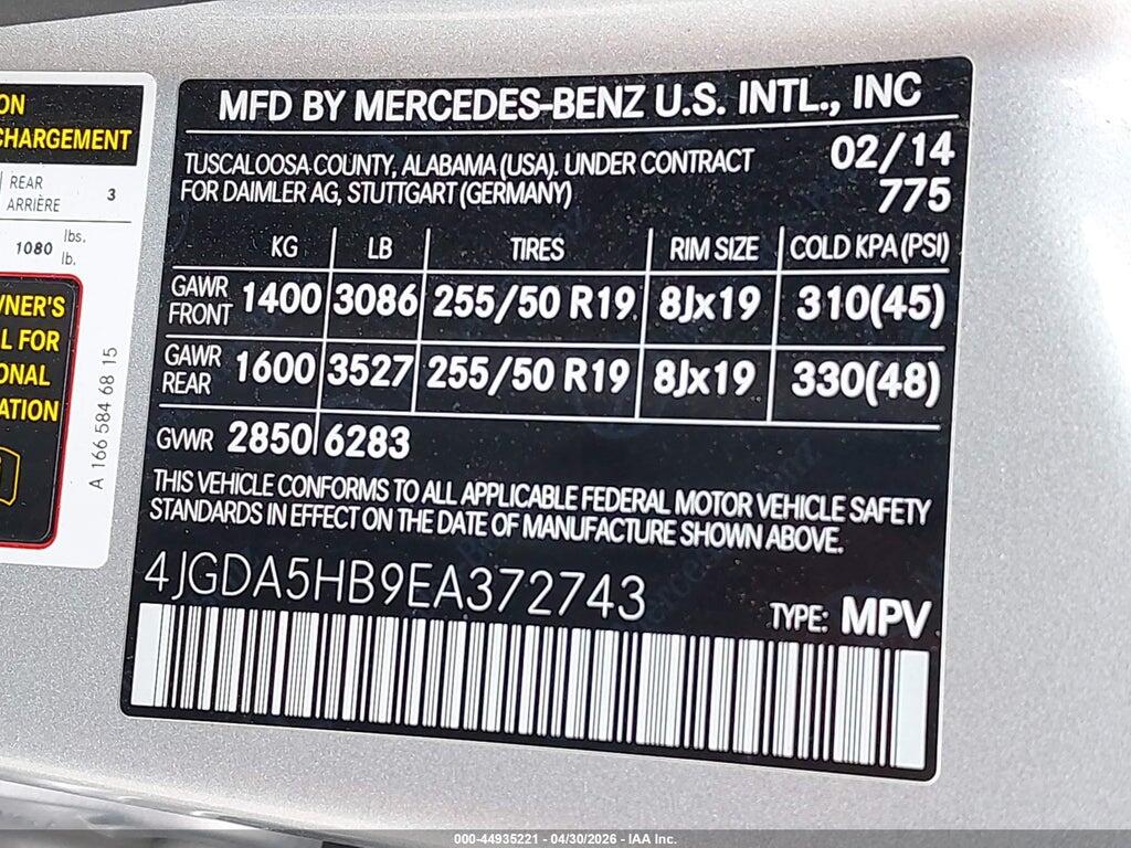 4JGDA5HB9EA372743 2014 MERCEDES-BENZ ML 350 photo no. 9