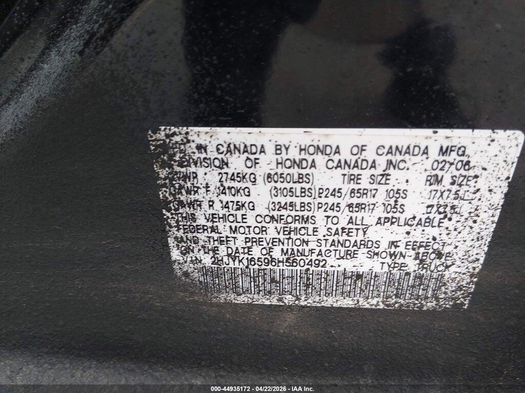 2HJYK16596H560492 2006 HONDA RIDGELINE photo no. 9