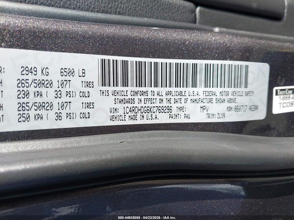1C4RDHDG6KC769296 2019 DODGE DURANGO photo no. 9