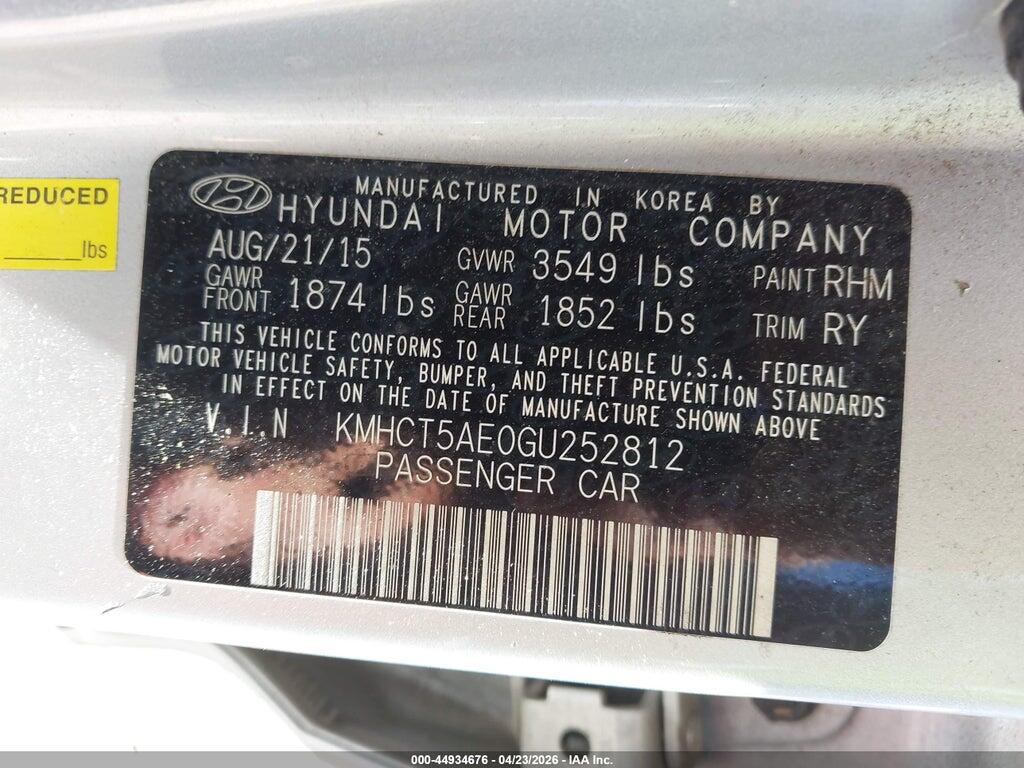 KMHCT5AE0GU252812 2016 HYUNDAI ACCENT photo no. 9