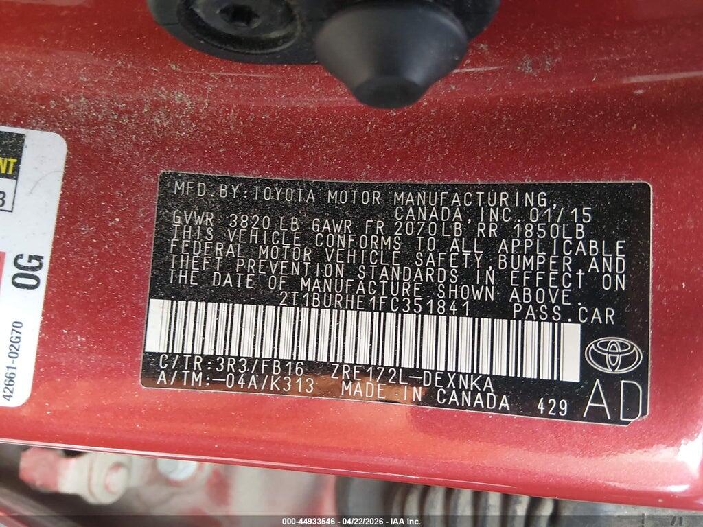 2T1BURHE1FC351841 2015 TOYOTA COROLLA photo no. 9